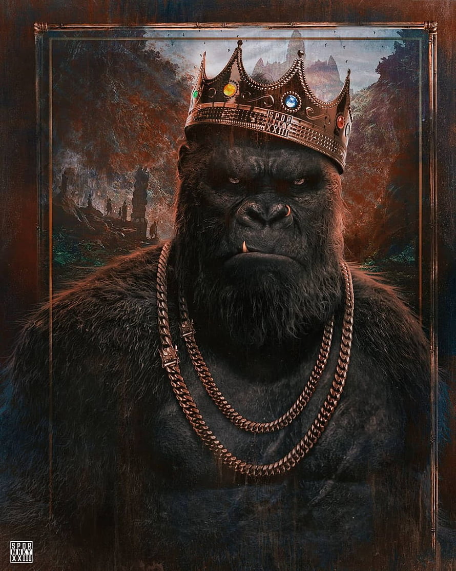 King Kong regal portrait wearing jeweled crown and gold chains in painterly fantasy style HD phone wallpaper