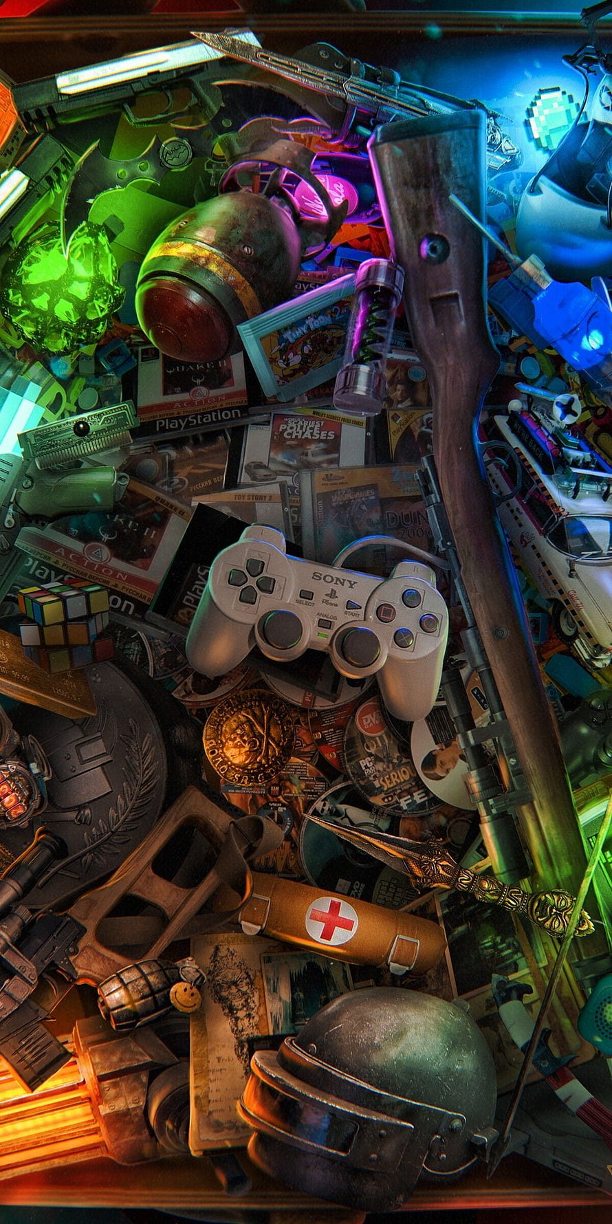 Nostalgic Retro Gaming Collage With Vintage Consoles, Weapons, and Classic Video Game Memorabilia HD phone wallpaper