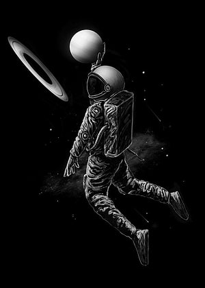 Monochrome Astronaut Floating in Deep Space with Ringed Planet and Starry Background HD phone wallpaper