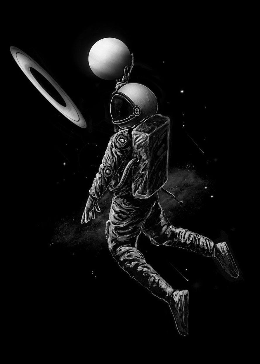 Monochrome Astronaut Floating in Deep Space with Ringed Planet and Starry Background HD phone wallpaper