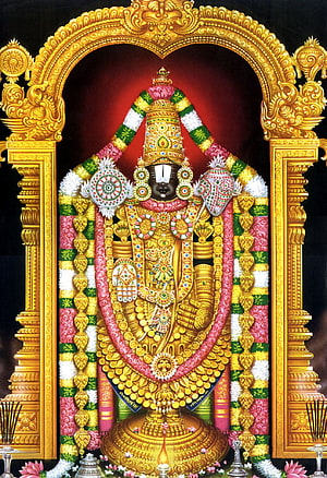 Aadi Shankaracharya adorned in gold jewelry and floral garlands within an ornate golden archway HD phone wallpaper