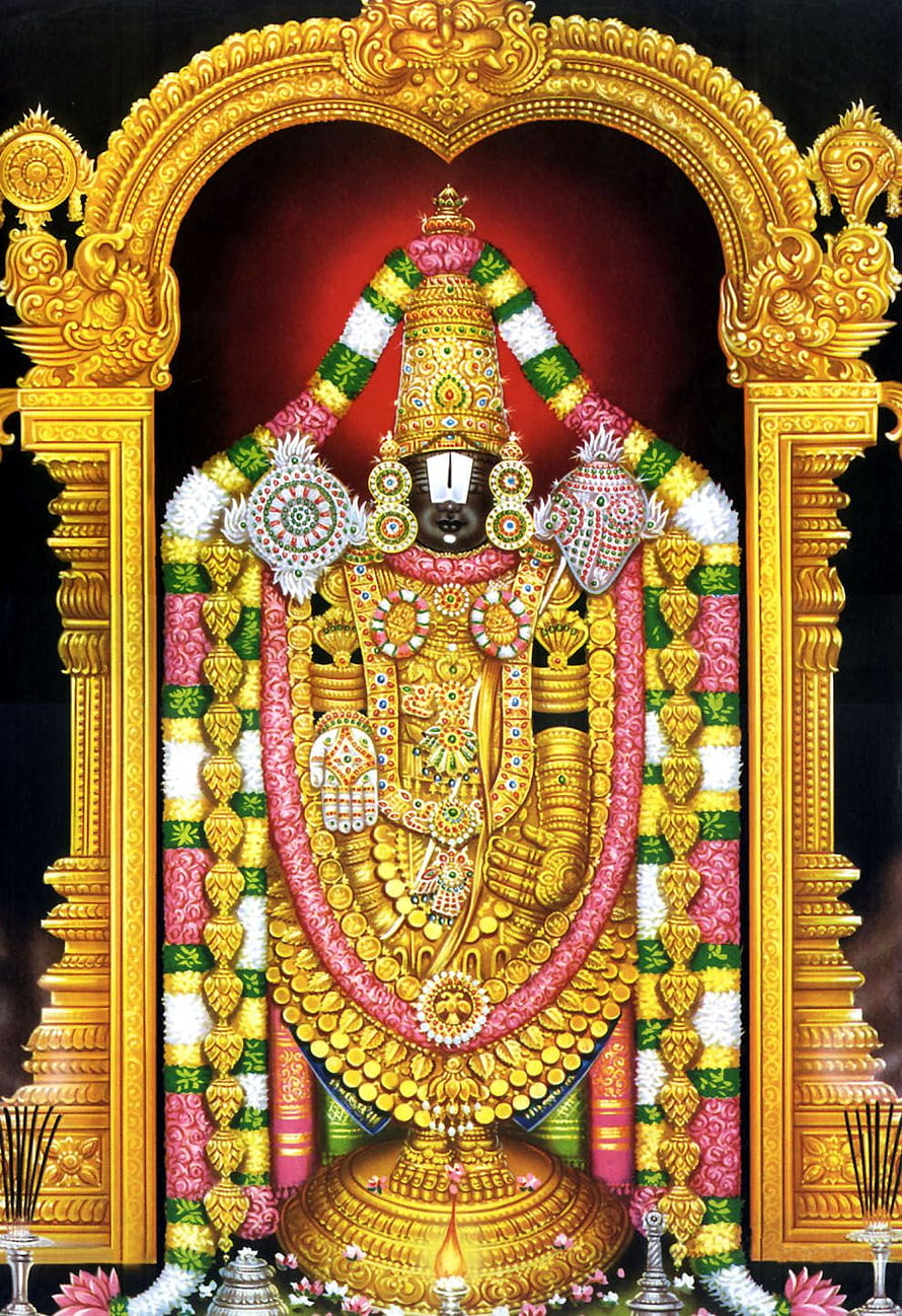 Aadi Shankaracharya adorned in gold jewelry and floral garlands within an ornate golden archway HD phone wallpaper