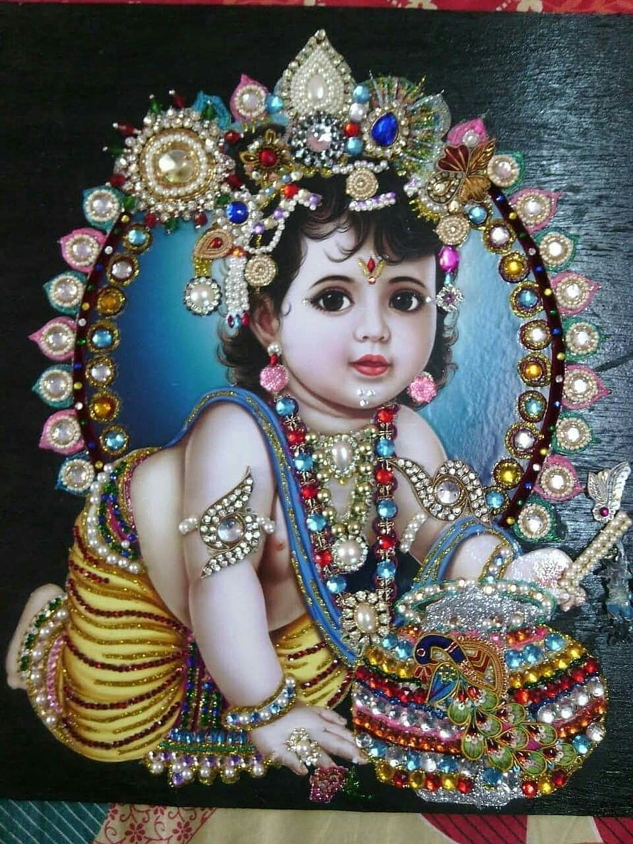 Baby Krishna with Flute and Peacock Feather Crown Art HD phone wallpaper