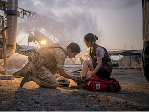 Korean Drama Scene: Soldier Tending to Injured Woman in War Zone, Korean Drama , Kdrama Laptop HD wallpaper