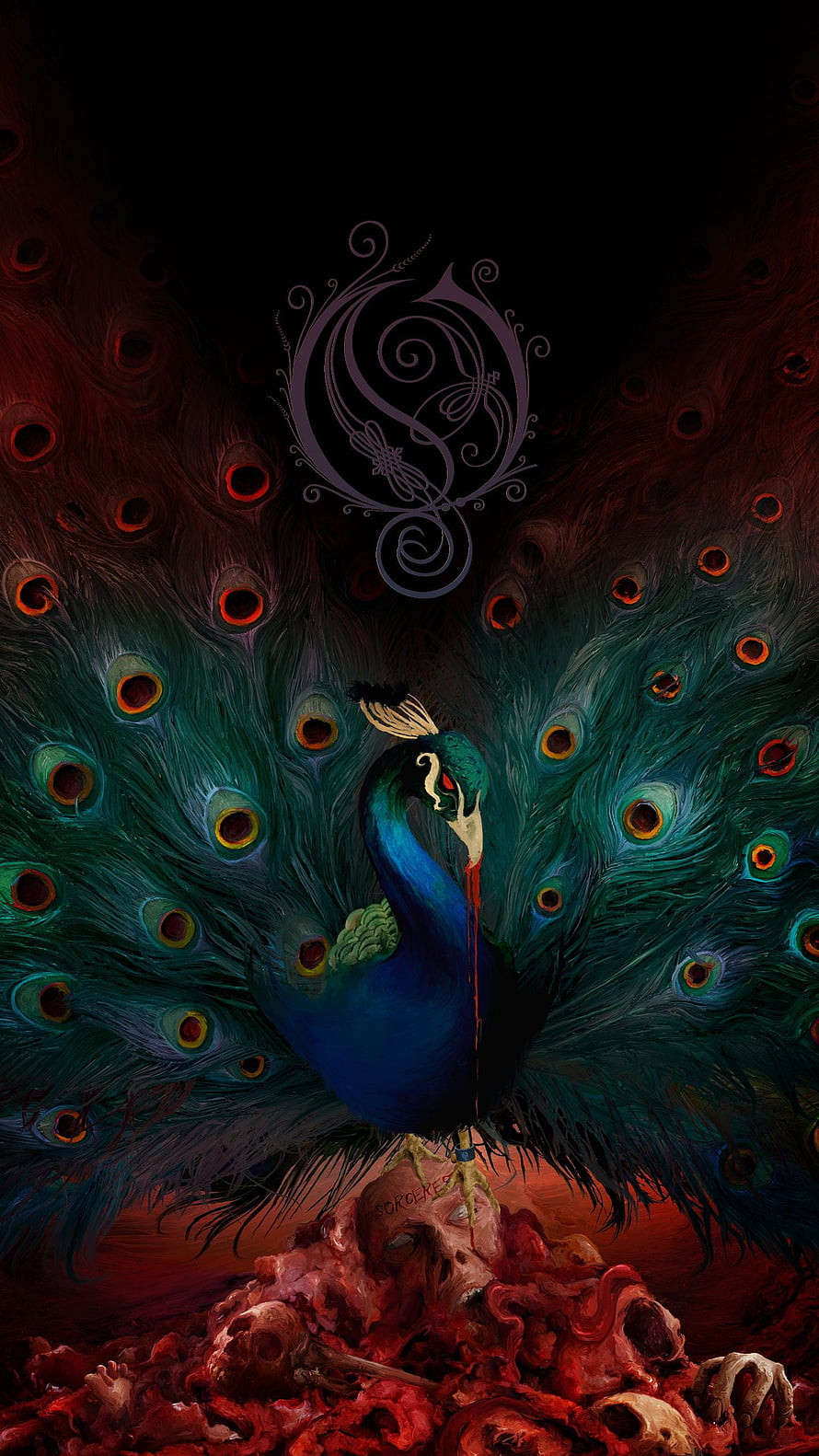 Opeth Dark Fantasy Peacock Perched on Skulls with Ornate Logo HD phone wallpaper
