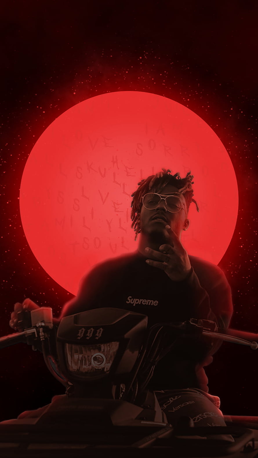 Juice Wrld on motorcycle with red moon backdrop and Supreme shirt HD phone wallpaper