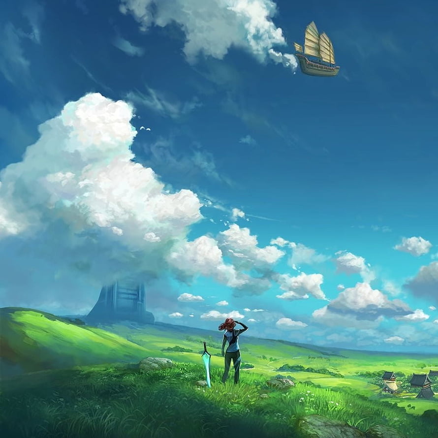 Fantasy Landscape with Floating Ship and Lone Wanderer in Green Hills HD phone wallpaper