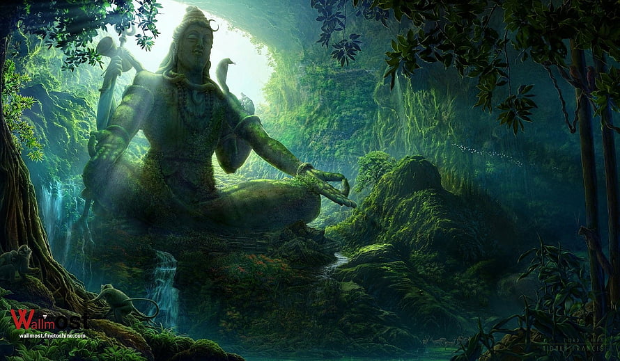 Lord Shiva Meditating in a Lush Jungle with Waterfalls and Misty Green Light HD wallpaper