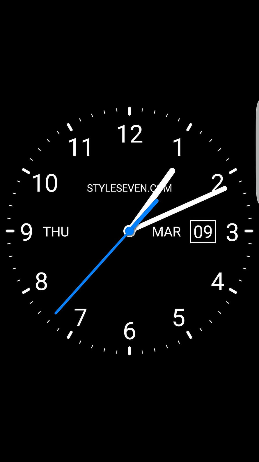 Minimalist Black Analog Clock Face with White Numerals and Blue Second Hand HD phone wallpaper