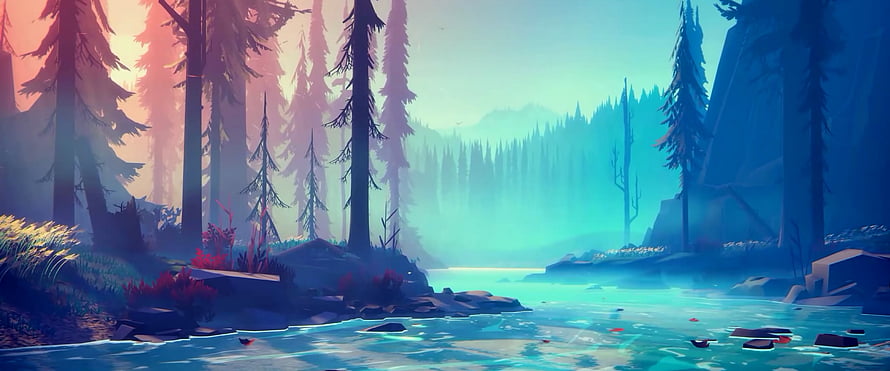 Serene Digital Art Forest River Landscape With Pine Trees And Misty Mountains HD wallpaper