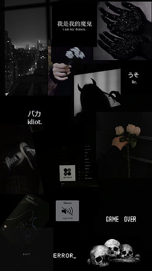 Dark Aesthetic Collage Featuring Skulls, Roses, and Bilingual Text on Black Background HD phone wallpaper