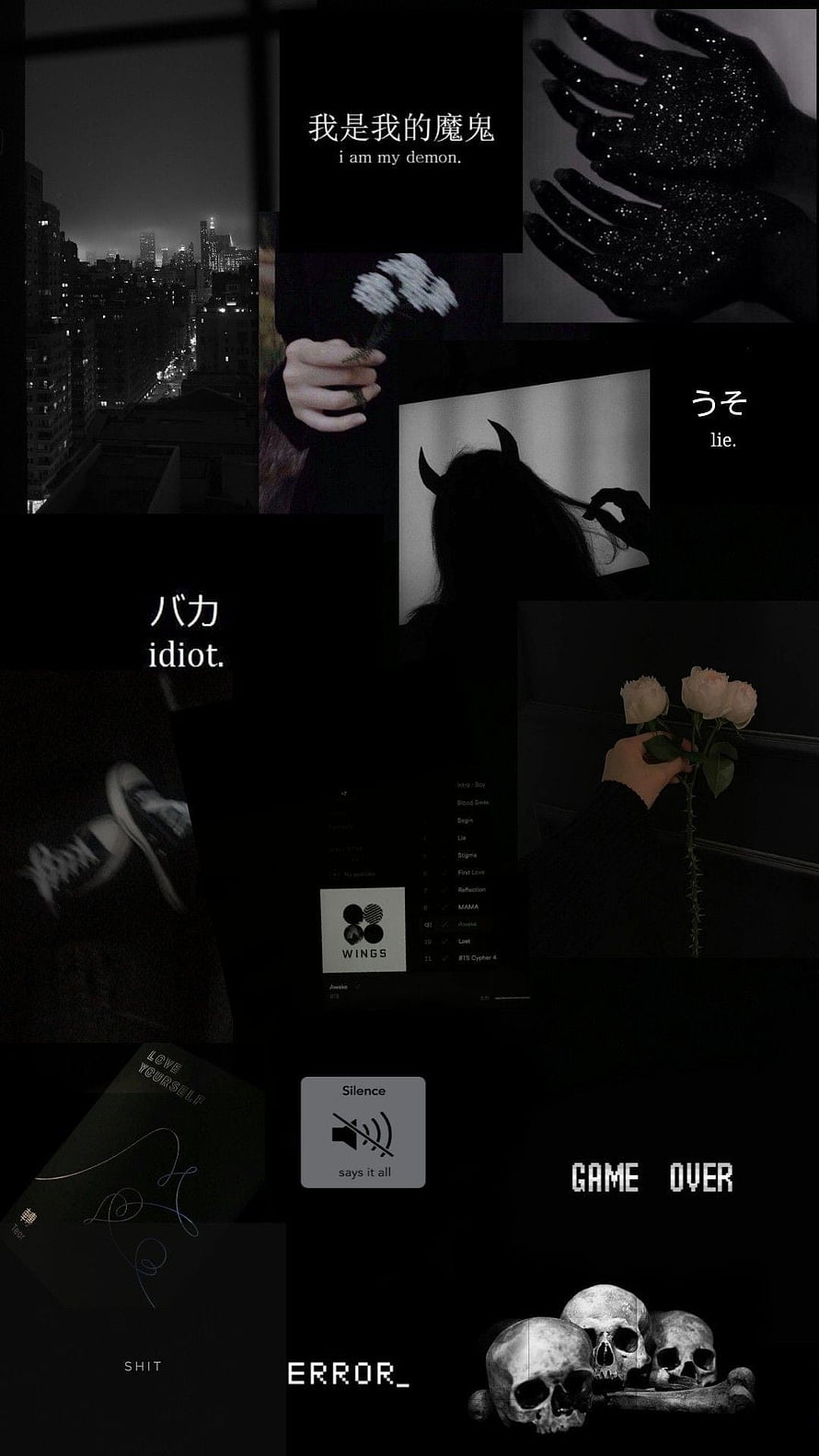 Dark Aesthetic Collage Featuring Skulls, Roses, and Bilingual Text on Black Background HD phone wallpaper