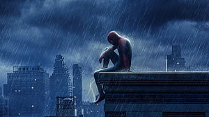 Sad Spider-Man Sitting on Rooftop in Rainy Storm Over City Skyline, Sad Spider Man No Way Home , Superheroes , , And Background Den, Spider Man Sad HD wallpaper
