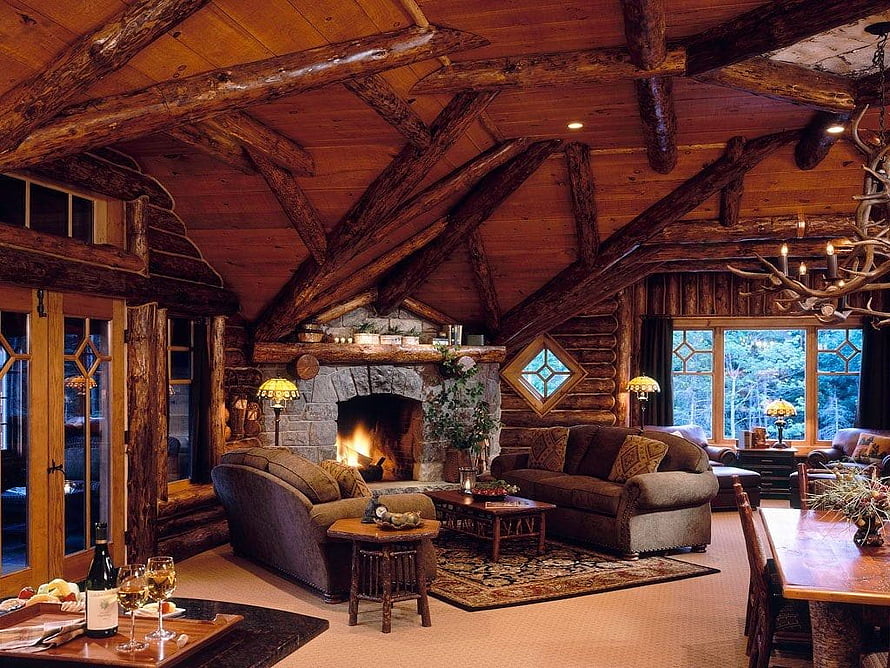 Rustic Log Cabin Living Room With Stone Fireplace And Exposed Timber Beams HD wallpaper