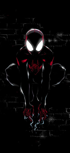 Miles Morales Spider-Man in Black Suit with Red Accents and Electric Energy, Miles Morales , Spider Man, Dark, Black Background, Artwork, , Graphics CGI, Spiderman Amoled HD phone wallpaper