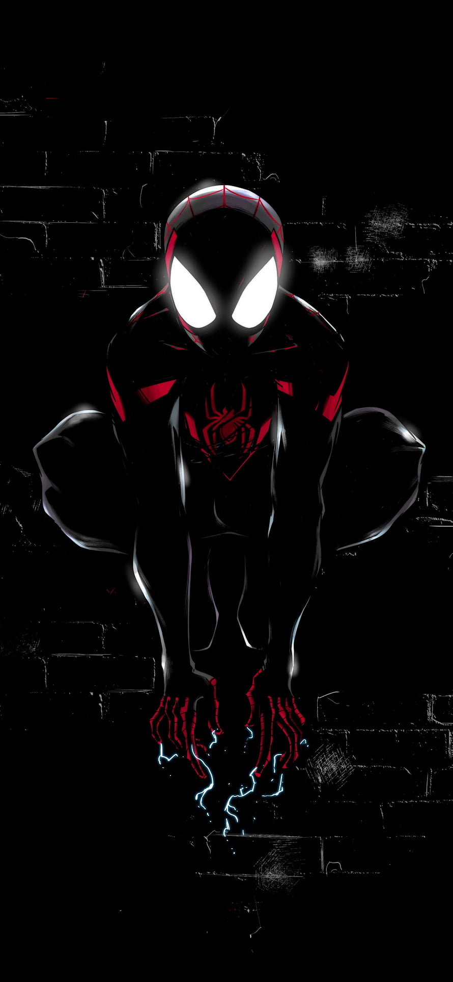 Miles Morales Spider-Man in Black Suit with Red Accents and Electric Energy, Miles Morales , Spider Man, Dark, Black Background, Artwork, , Graphics CGI, Spiderman Amoled HD phone wallpaper
