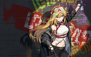 Blonde Anime Girl With Goggles Holding Spray Can Against Graffiti Wall HD wallpaper