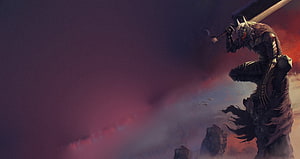 Guts from Berserk in Black Armor Standing on a Cliff Against a Crimson Sky HD wallpaper