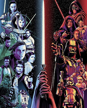 Star Wars Comic Art Collage Featuring Light and Dark Side Characters HD phone wallpaper