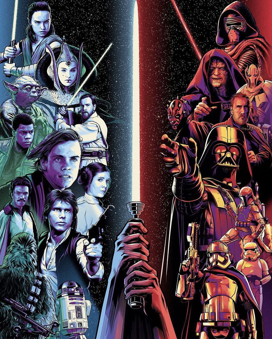 Star Wars Comic Art Collage Featuring Light and Dark Side Characters HD phone wallpaper