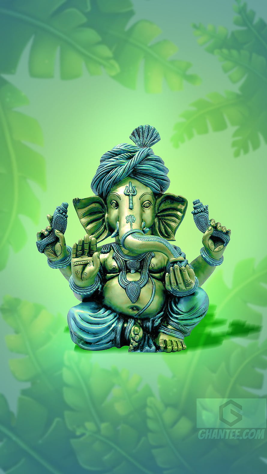 Green Ganesha Idol Statue With Turban And Leaves Background HD phone wallpaper