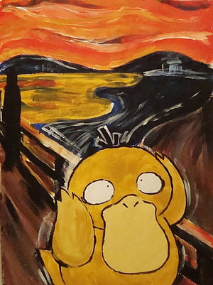 Psyduck in The Scream Style: A Surreal Pokemon Artwork with Swirling Orange Sky and Expressive Brushwork HD phone wallpaper