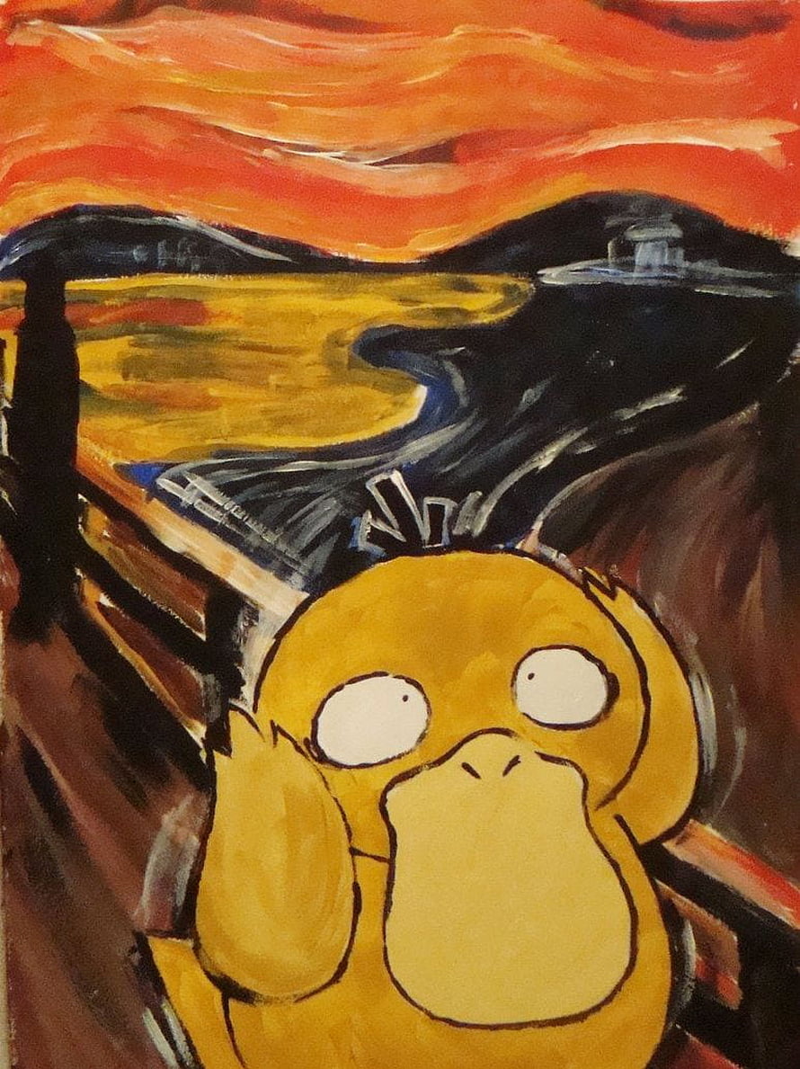 Psyduck in The Scream Style: A Surreal Pokemon Artwork with Swirling Orange Sky and Expressive Brushwork HD phone wallpaper