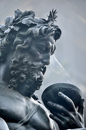 Close-up of a weathered bronze statue of a bearded man with a laurel wreath holding a bowl, covered in spiderwebs, THOMAS ZHUANG: JOURNEY SERIES, “DRESDEN”, 2013. Greek sculpture, Statue, Classic sculpture, Poseidon Statue HD phone wallpaper