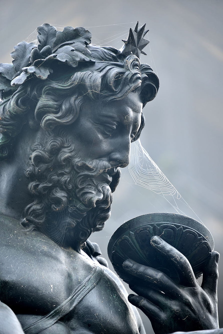 Close-up of a weathered bronze statue of a bearded man with a laurel wreath holding a bowl, covered in spiderwebs, THOMAS ZHUANG: JOURNEY SERIES, “DRESDEN”, 2013. Greek sculpture, Statue, Classic sculpture, Poseidon Statue HD phone wallpaper