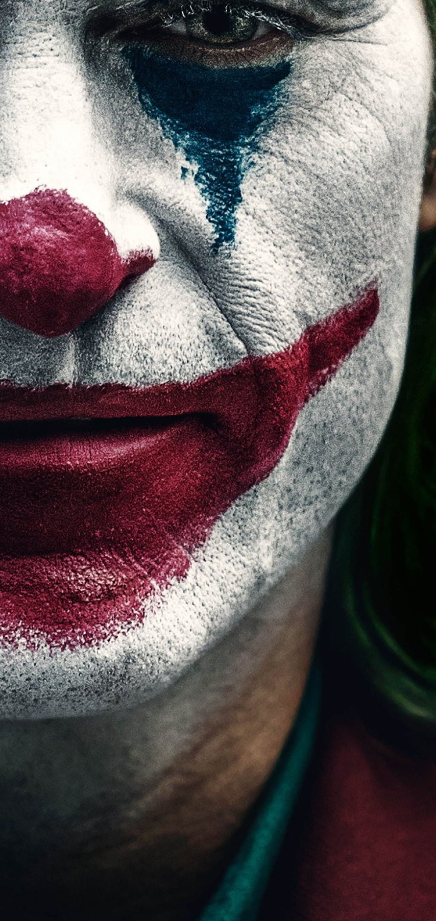 Joker Movie Character Close-Up Portrait With White Face Paint And Red Smile HD phone wallpaper