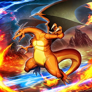 Charizard Flying Through a Fiery Volcanic Landscape with Blue Energy Trails HD phone wallpaper