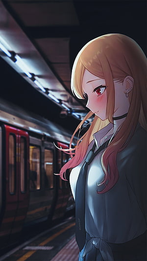 Marin Kitagawa anime illustration of a woman with long hair standing on a subway platform, Marin kitagawa, art, waifu, anime HD phone wallpaper