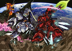 Nu Gundam and Sazabi Space Battle Illustration HD wallpaper