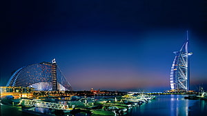Burj Al Arab and Jumeirah Beach Hotel at Dusk in Dubai Marina HD wallpaper