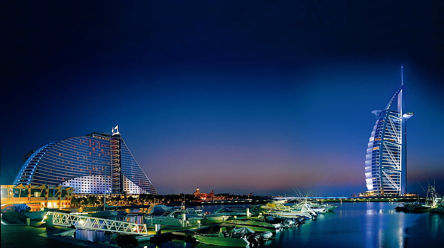 Burj Al Arab and Jumeirah Beach Hotel at Dusk in Dubai Marina HD wallpaper