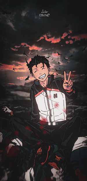 Natsuki Subaru from Re Zero Anime Sitting Peacefully Under a Dramatic Red Sky HD phone wallpaper