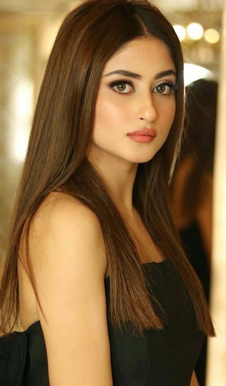 Sajal Aly Portrait With Long Brown Hair And Black Dress HD phone wallpaper