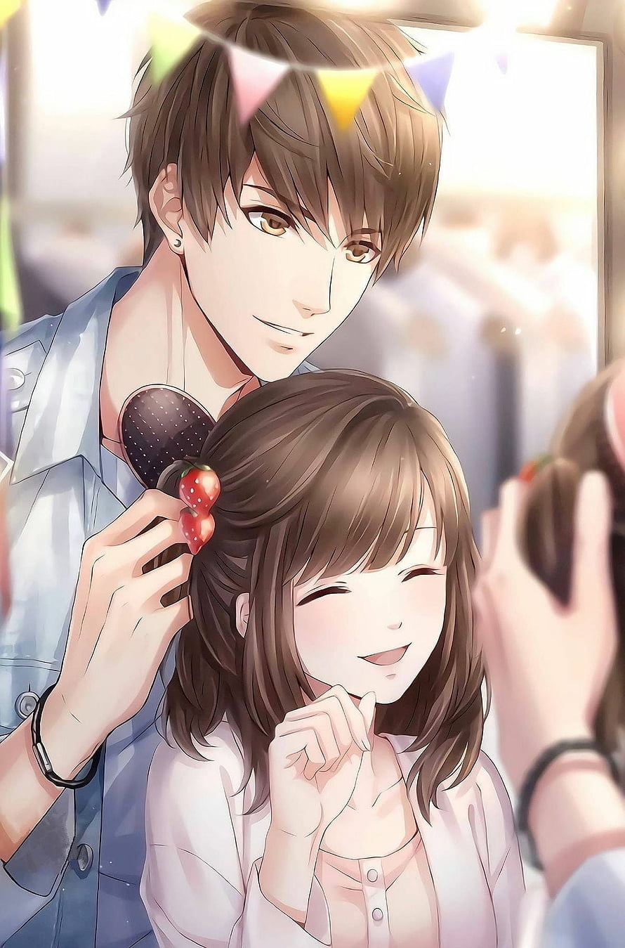 Cute Anime Couple Sharing a Sweet Moment with Strawberry Hair Accessory HD phone wallpaper