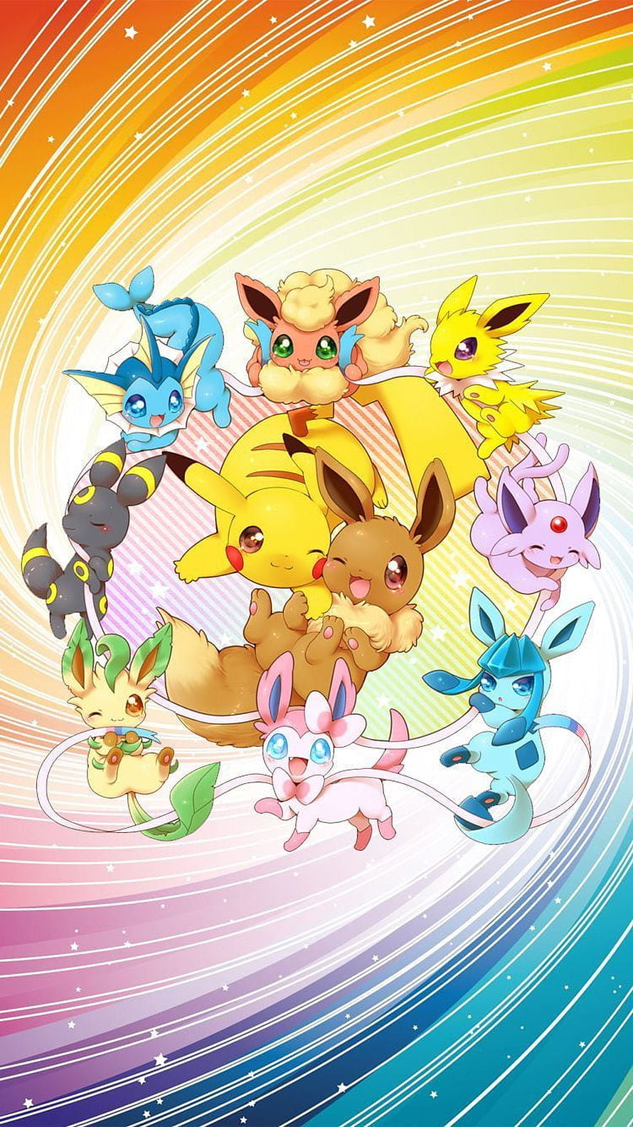 Pikachu and Eeveelution Family Group Art on Rainbow Swirl Background HD phone wallpaper