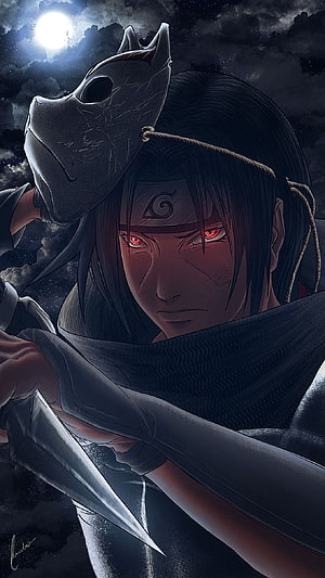 Itachi Uchiha Sharingan Anime Character Portrait With Mask And Kunai Under Moonlight HD phone wallpaper