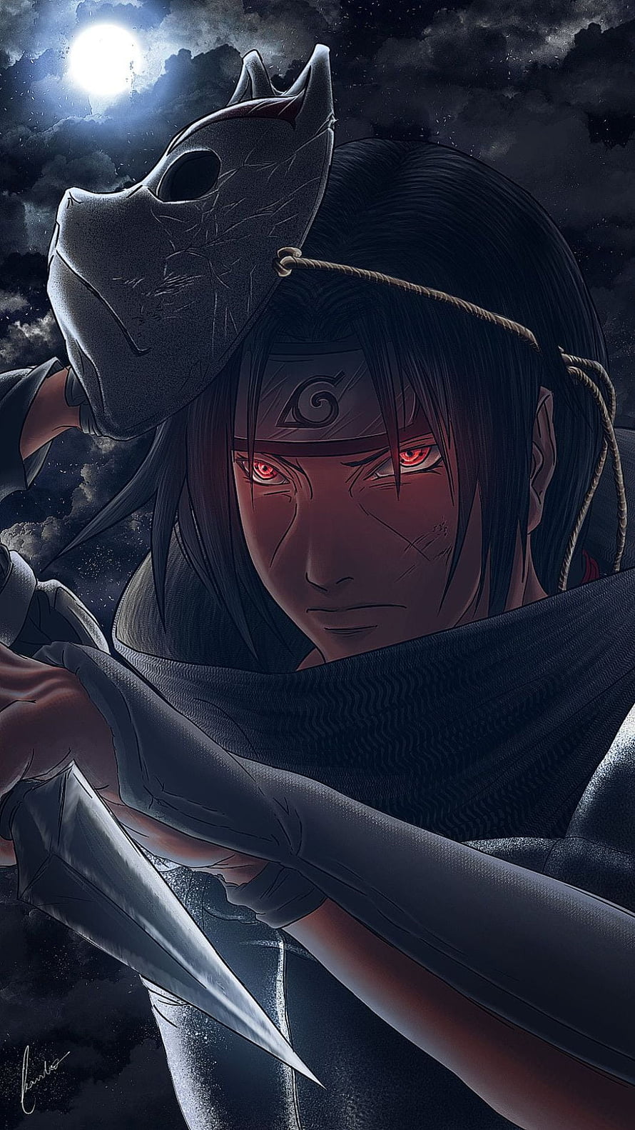 Itachi Uchiha Sharingan Anime Character Portrait With Mask And Kunai Under Moonlight HD phone wallpaper