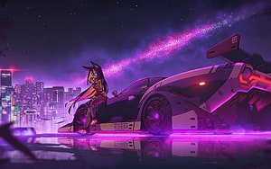 Anime Girl Sitting on Futuristic Sports Car in Neon Cyberpunk City at Night HD wallpaper