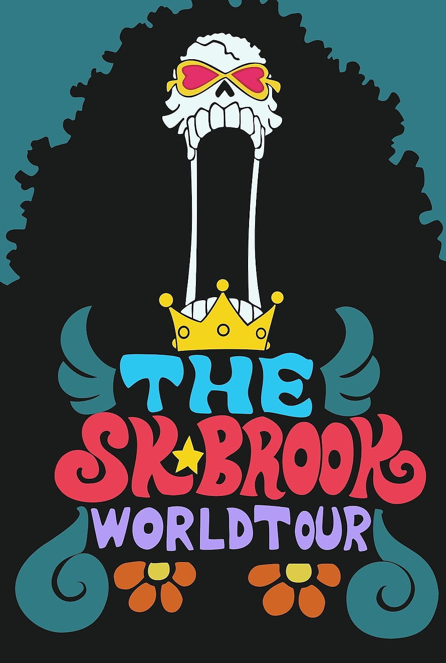 Brook from One Piece wearing sunglasses and crown with The Sk Brook World Tour text HD phone wallpaper