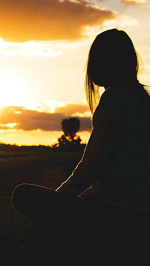 Silhouette of a woman sitting in a field at sunset with a golden sky, Sad Nature - Broken Heart Sad Girl Dp - & Background HD phone wallpaper