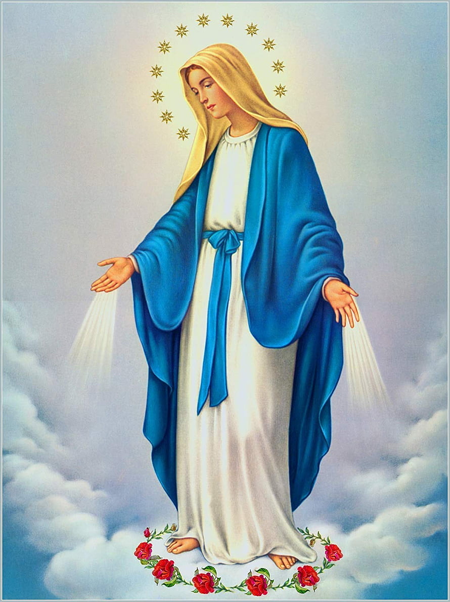 Immaculate Conception Virgin Mary Religious Artwork with Halo of Stars and Rose Garland HD phone wallpaper