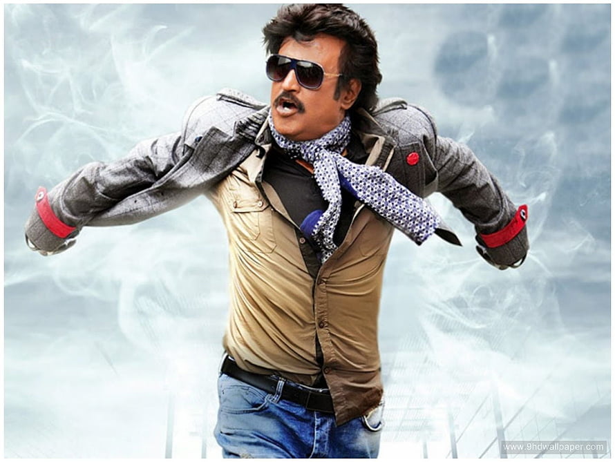 Rajinikanth Action Pose in Sunglasses and Scarf with Dramatic Smoke Background HD wallpaper