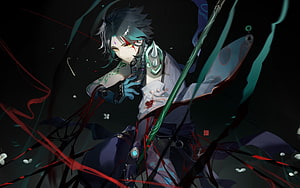 Xiao from Genshin Impact in Dark Anemo Artwork with Red Energy Effects HD wallpaper