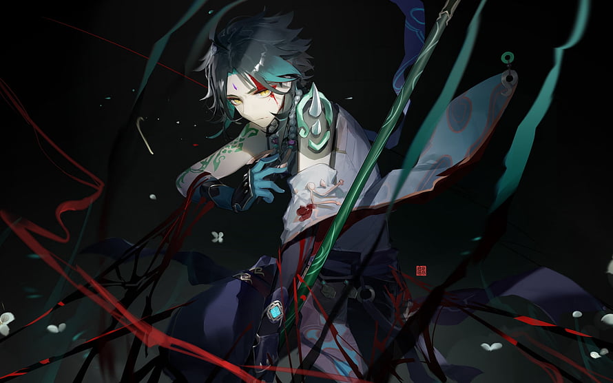 Xiao from Genshin Impact in Dark Anemo Artwork with Red Energy Effects HD wallpaper