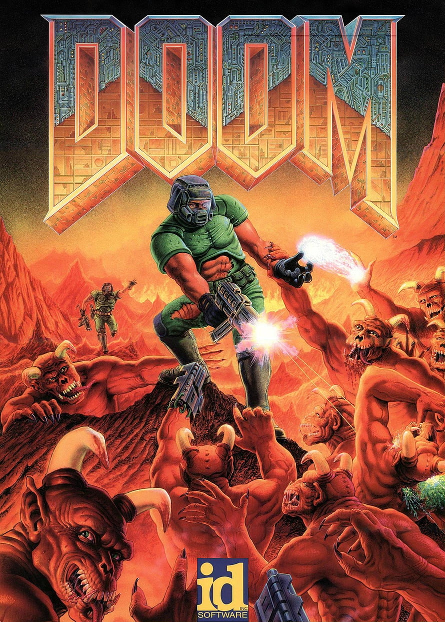 Classic Doom Video Game Cover Art Featuring Doomguy Battling Demons on Mars HD phone wallpaper