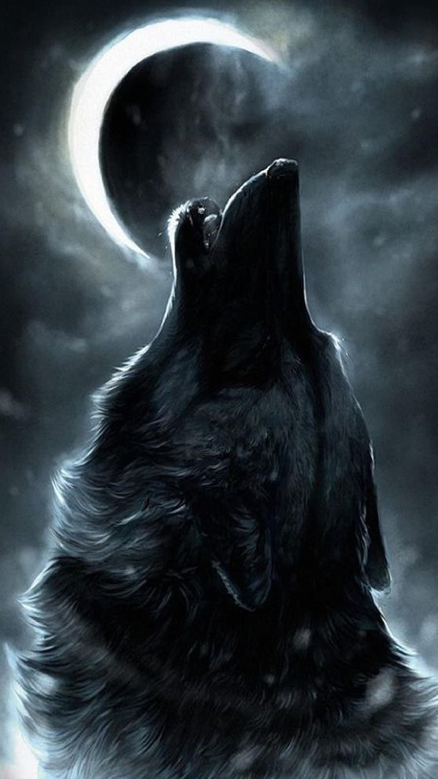 Dark Wolf Howling At The Crescent Moon Under A Starry Night Sky HD phone wallpaper